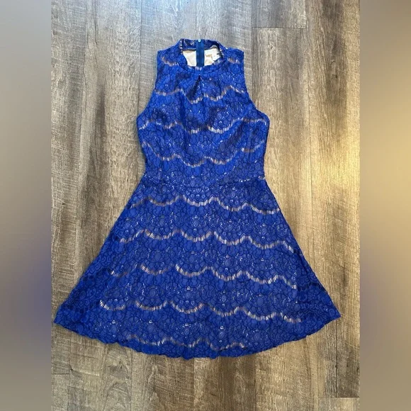 blue lace overlay dress Badgley Mischka Lace Overlay Capelet A-Line Gown Dress